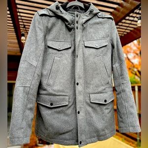 Mens Guess grey wool coat with hood size M